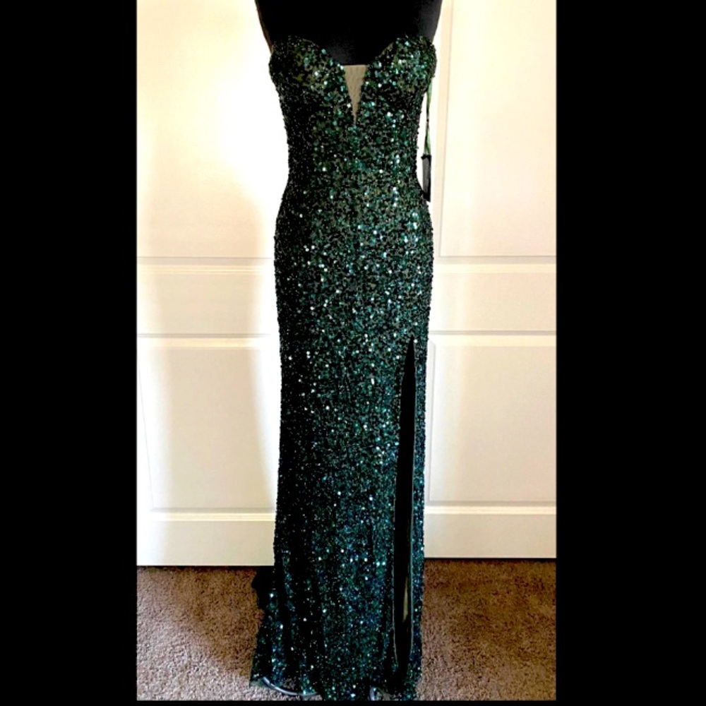 NWT Gorgeous Hunter Green RTL Beaded/Sequin Gown